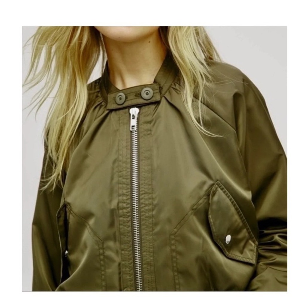 Free People Olive Green Midnight Bomber Jacket Full Zip‎ Satin Utility Small